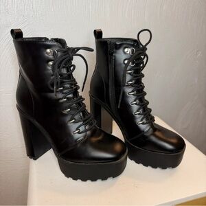 Forever 21 Black Lace-Up Platform Ankle Boots with High Block Heel